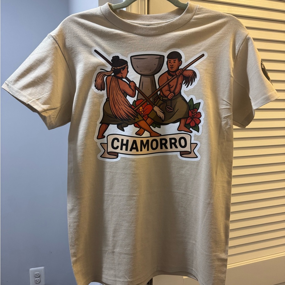 Chamorro Guam T-Shirt | Island Warrior Design | Size Small | Beige Tee